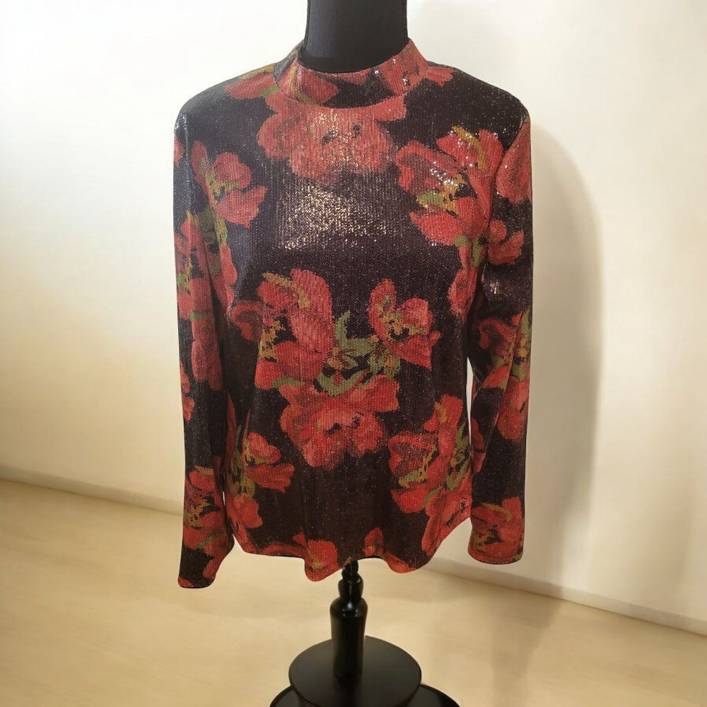 Nicole Miller Black & Red Floral Sequin Blouse M Long Sleeve Mock Neck NWT